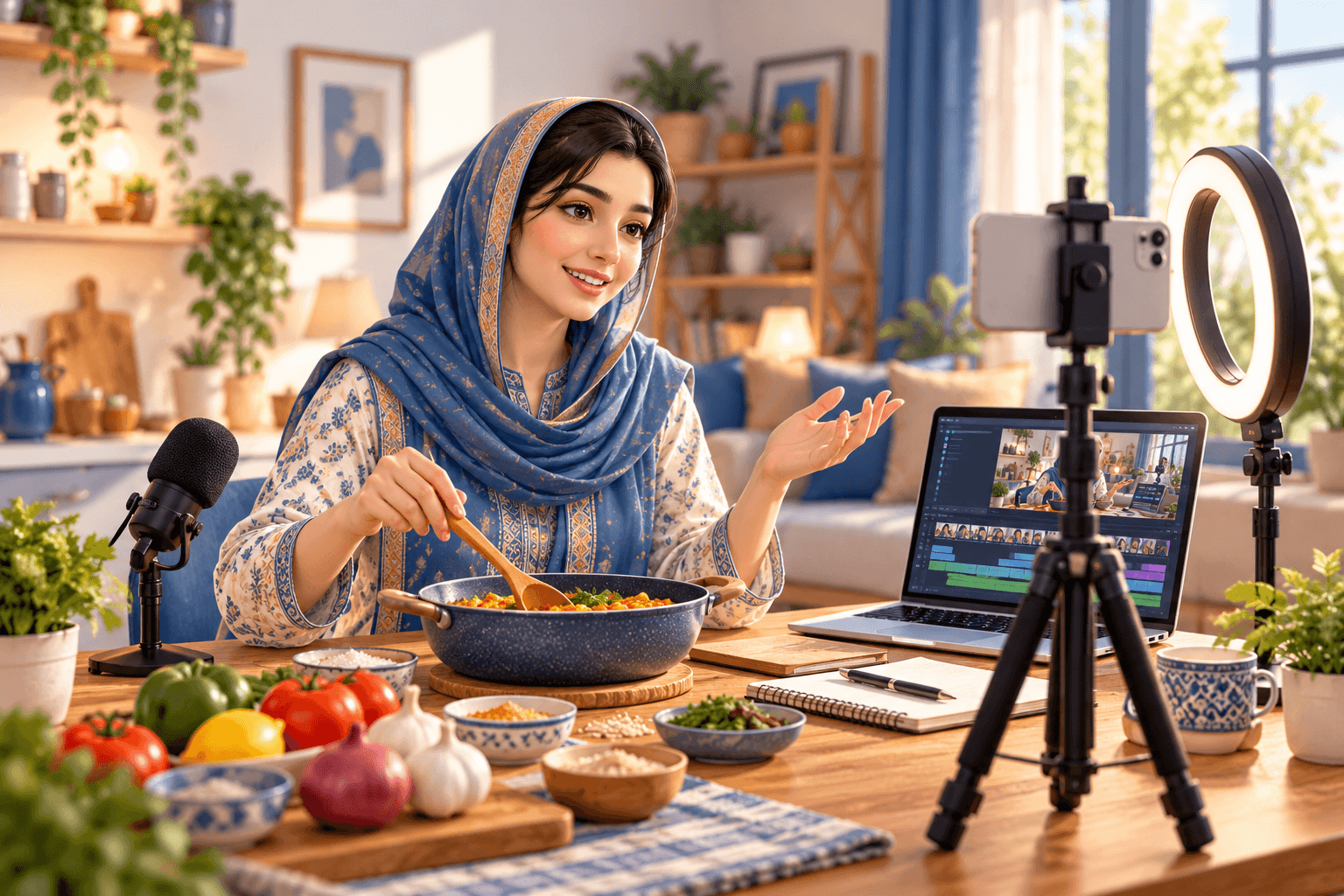 گھر میں موبائل اور ٹرائی پوڈ کے ذریعے کھانا پکانے کی ویڈیو بناتی ہوئی خاتون