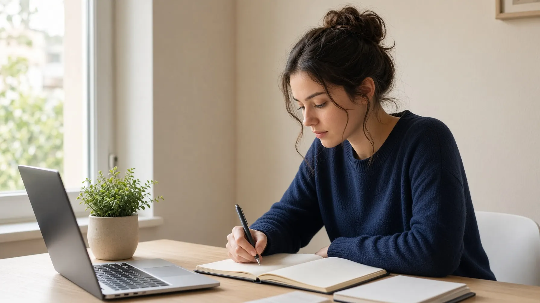 A student writing notes beside a laptop in warm daylight